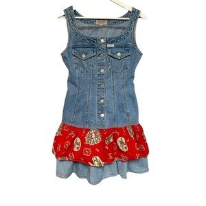Vintage 90s Guess 1 Western denim dress mini cowgirl ruffle skirt Americana USA